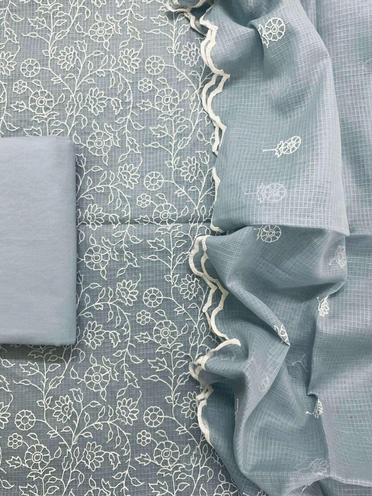 Soft Kota Silk Embroidered Suit - Grey