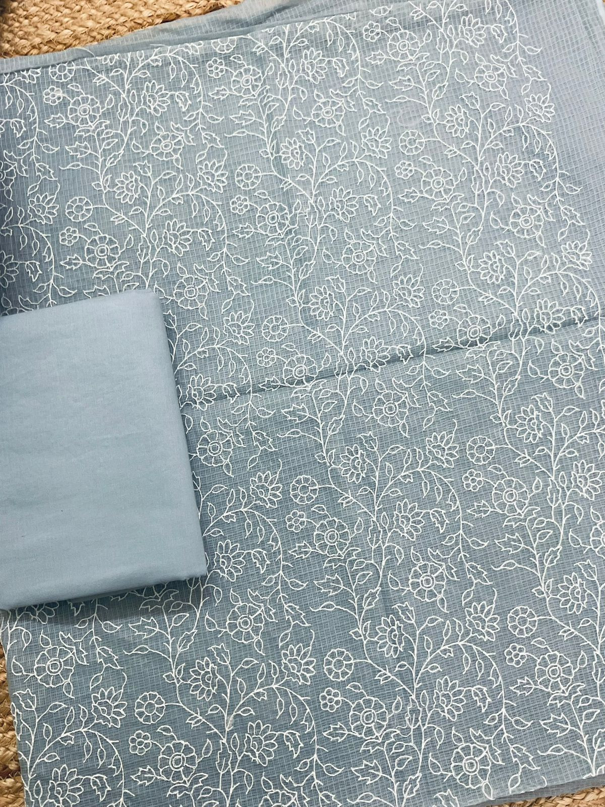 Soft Kota Silk Embroidered Suit - Grey