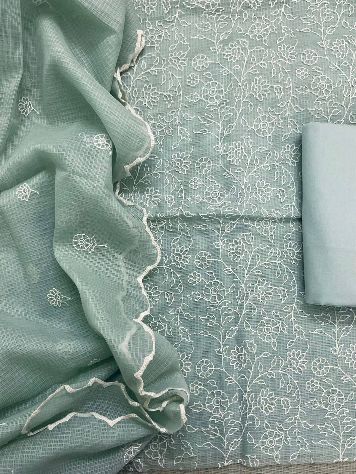 Soft Kota Silk Embroidered Suit - Sea Green