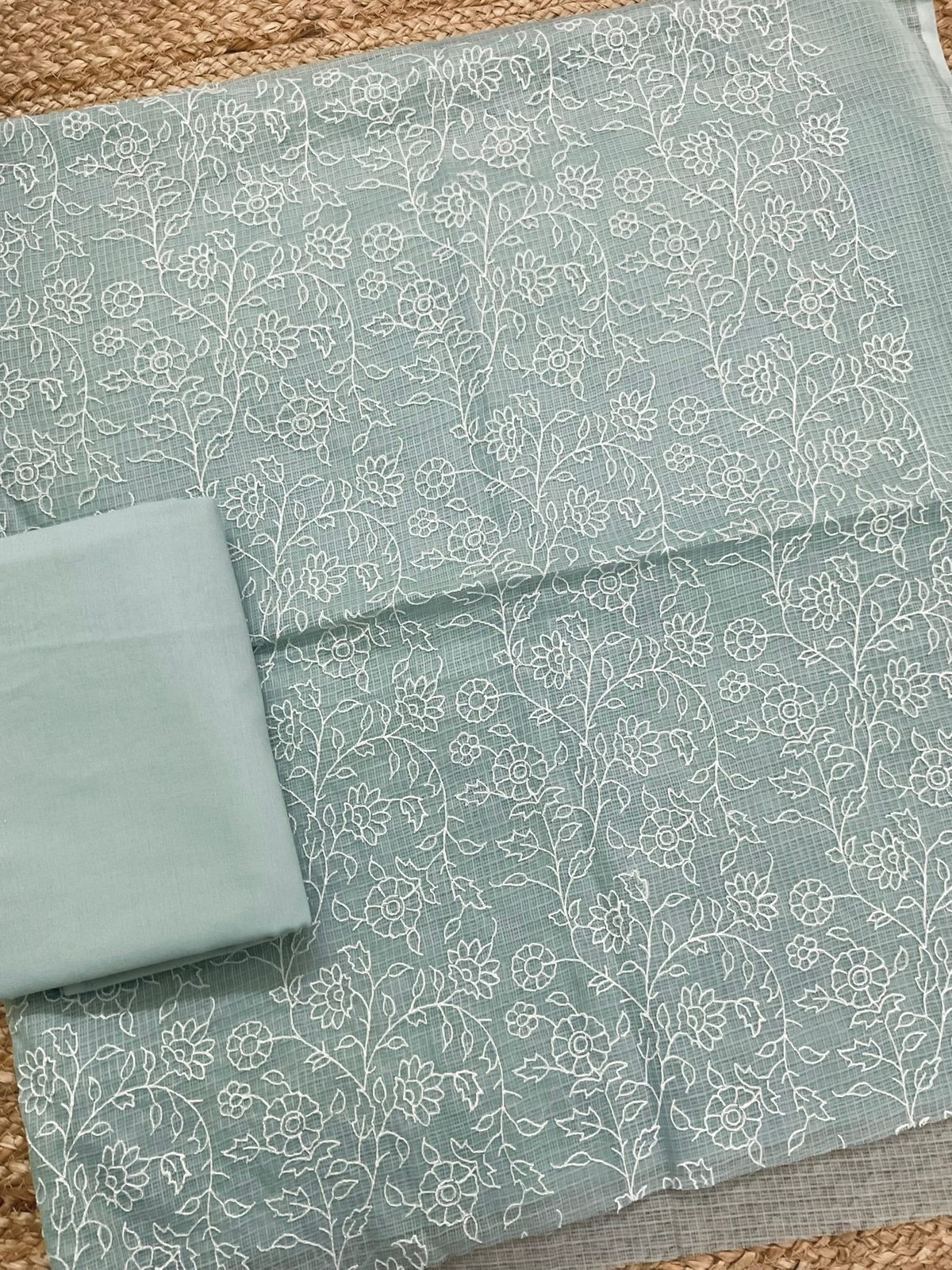 Soft Kota Silk Embroidered Suit - Sea Green