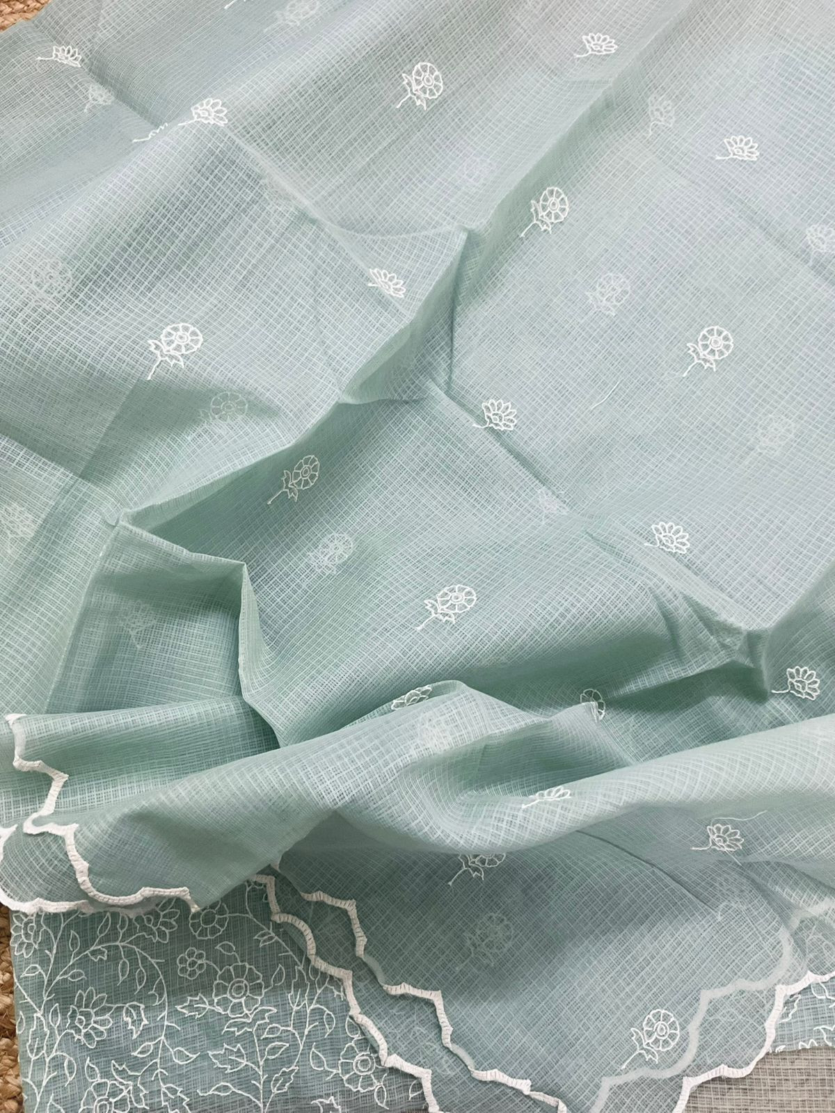 Soft Kota Silk Embroidered Suit - Sea Green