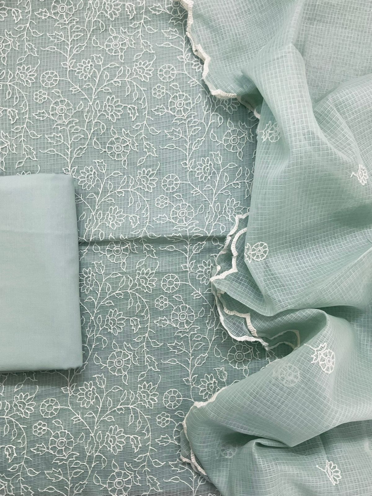 Soft Kota Silk Embroidered Suit - Sea Green