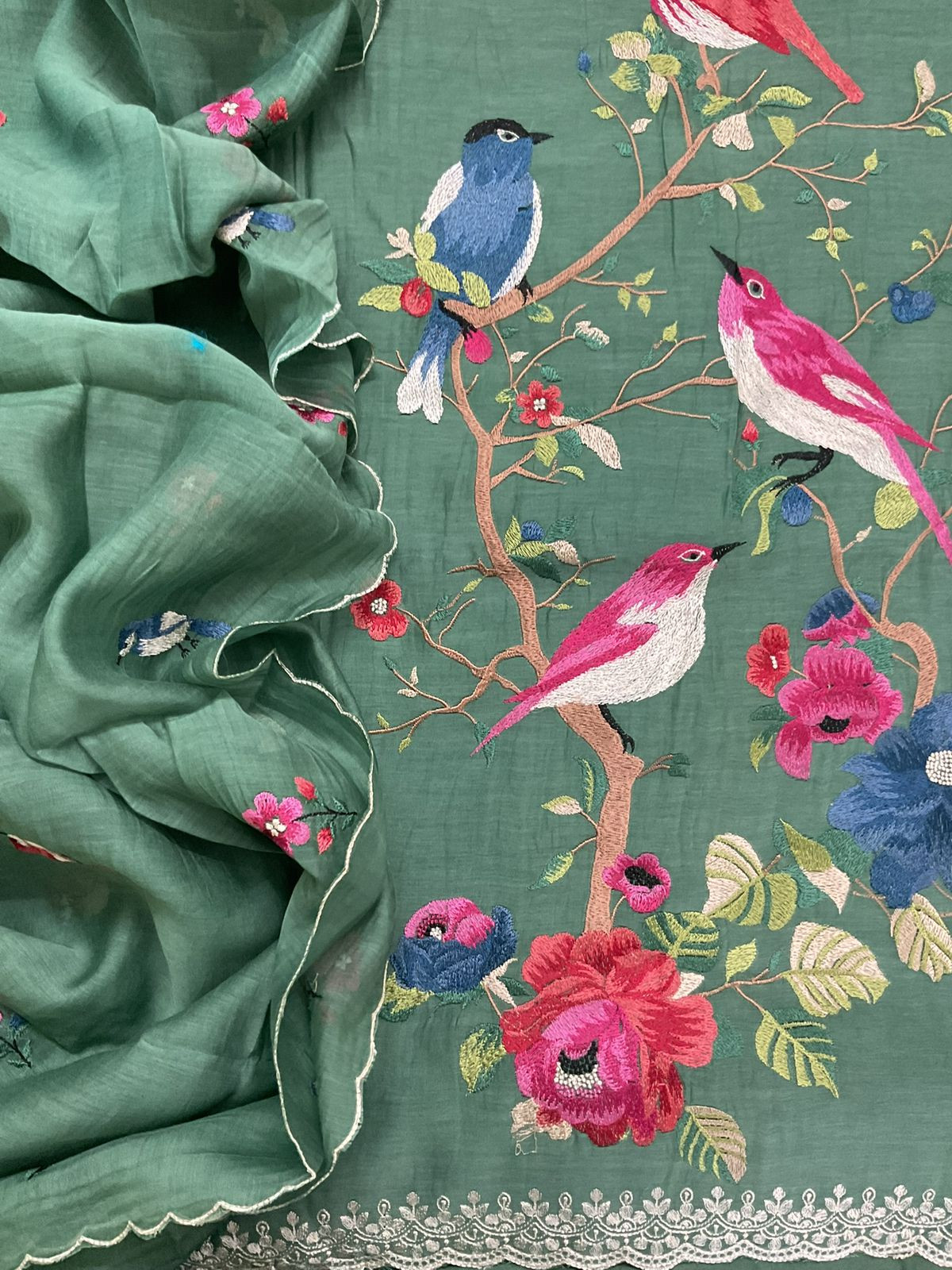 Pure Mul Chanderi Embroidered Suit - Green
