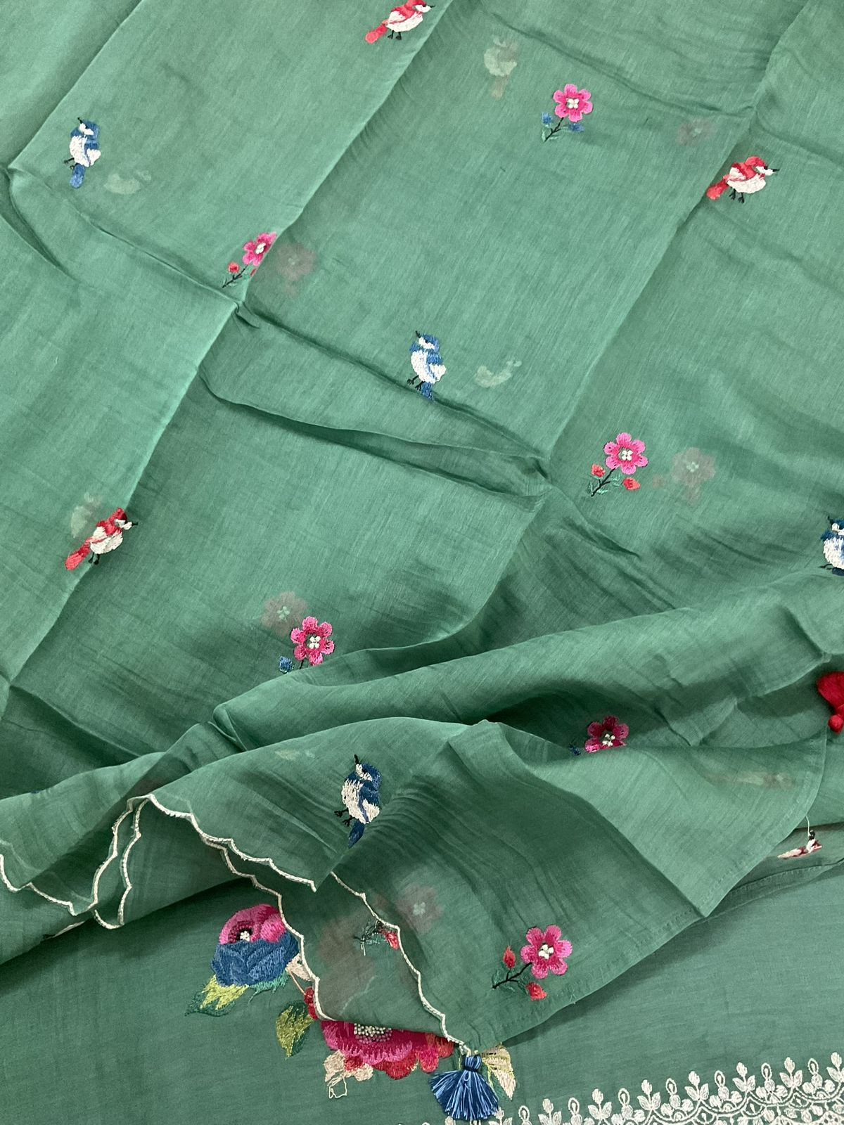 Pure Mul Chanderi Embroidered Suit - Green