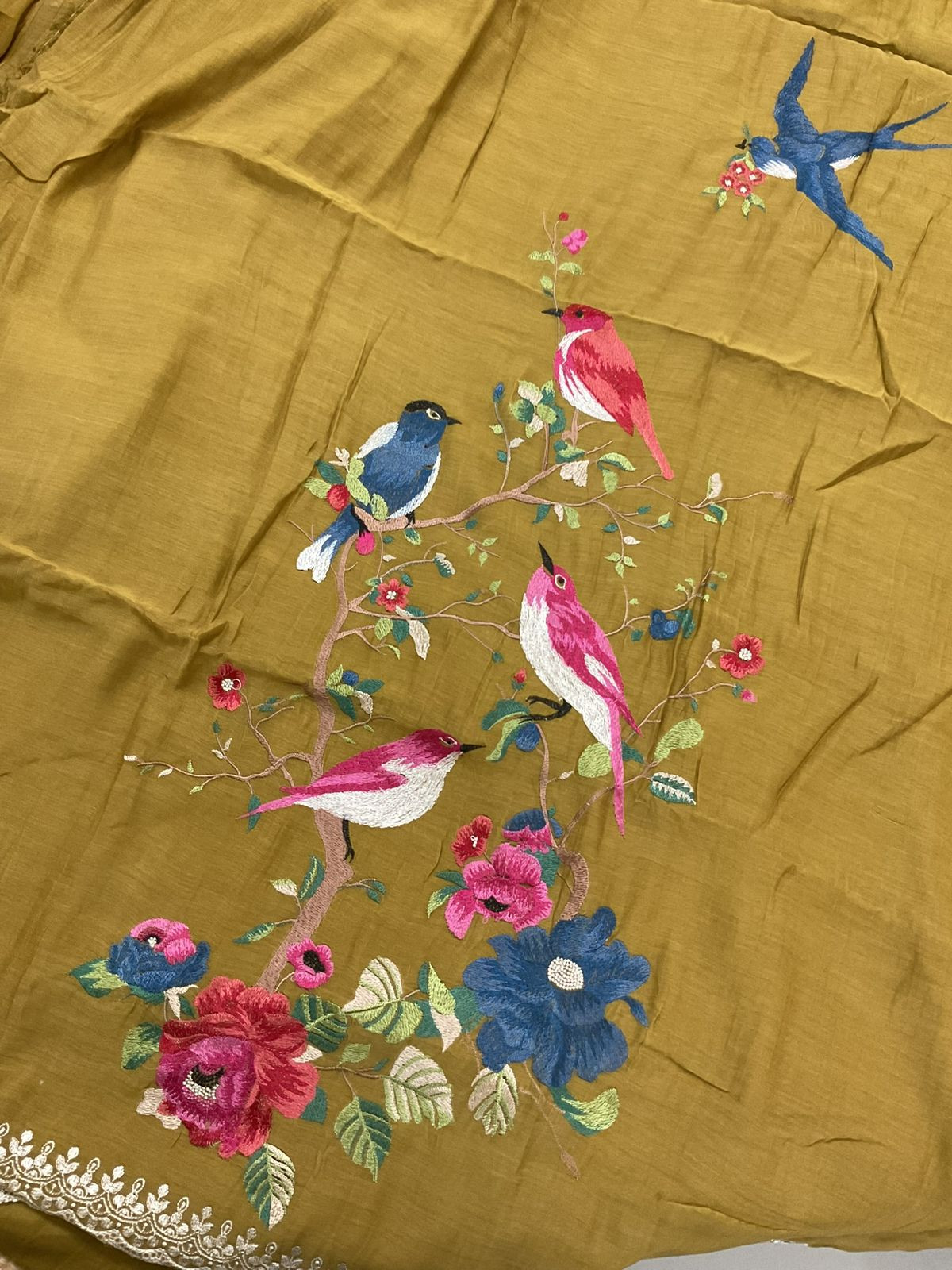 Pure Mul Chanderi Embroidered Suit - Mustard