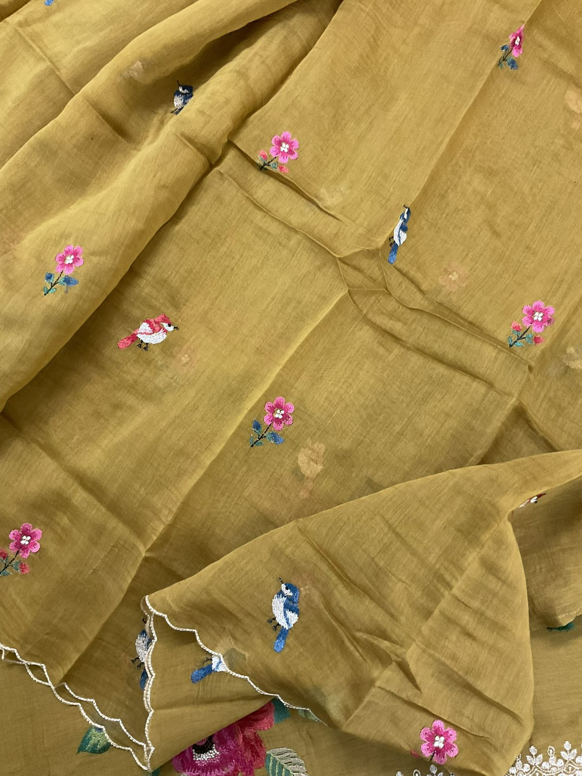 Pure Mul Chanderi Embroidered Suit - Mustard