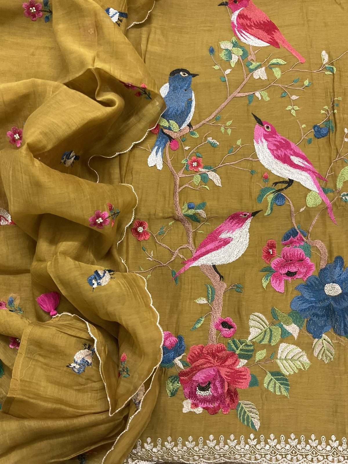 Pure Mul Chanderi Embroidered Suit - Mustard