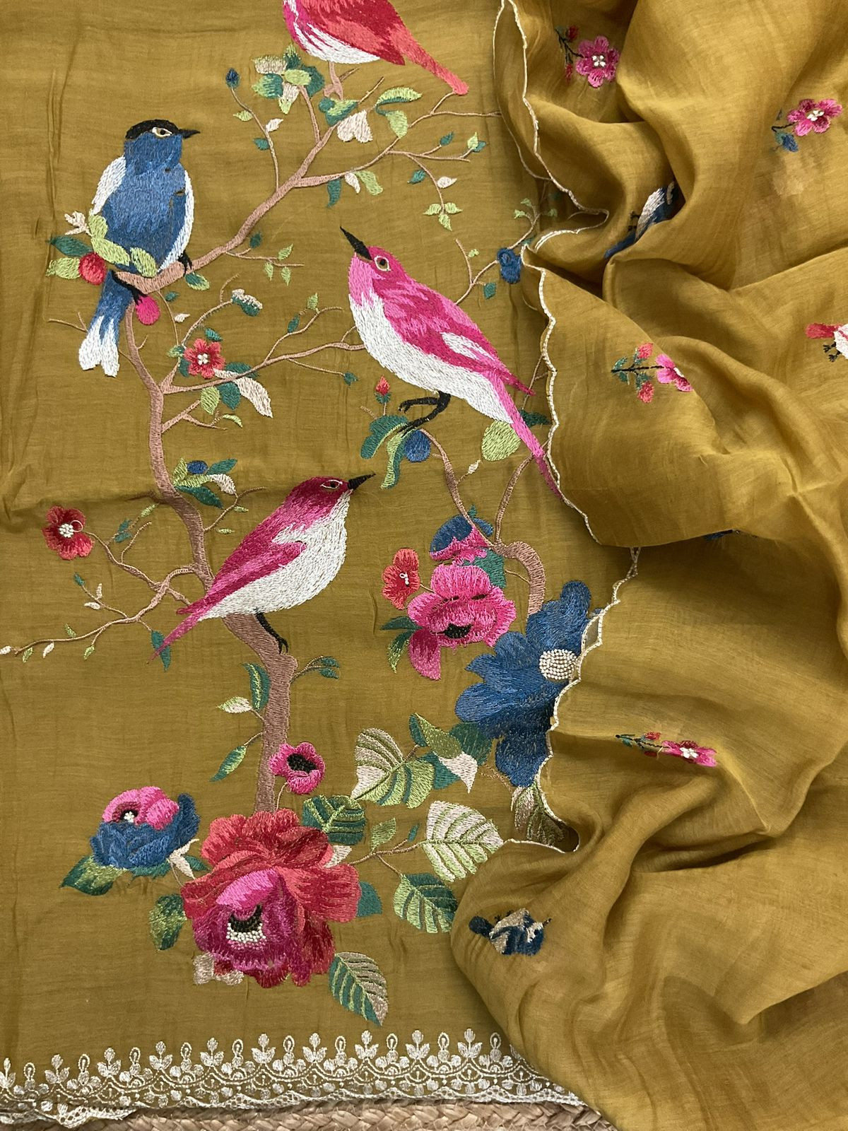 Pure Mul Chanderi Embroidered Suit - Mustard