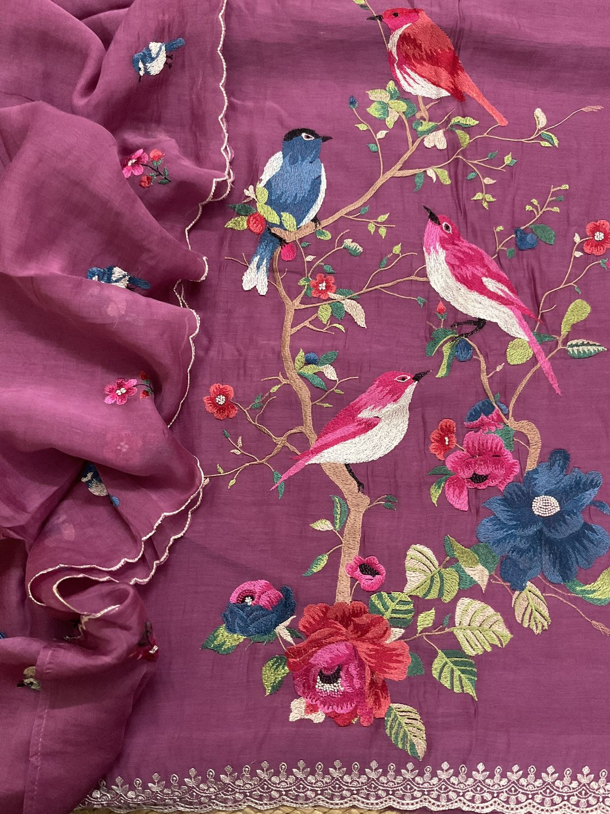 Pure Mul Chanderi Embroidered Suit - Wine