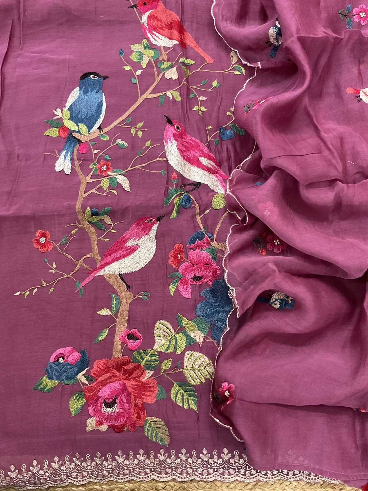 Pure Mul Chanderi Embroidered Suit - Wine