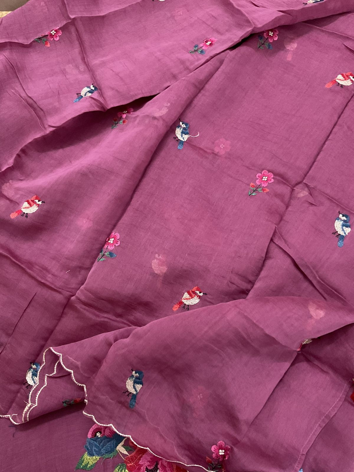 Pure Mul Chanderi Embroidered Suit - Wine
