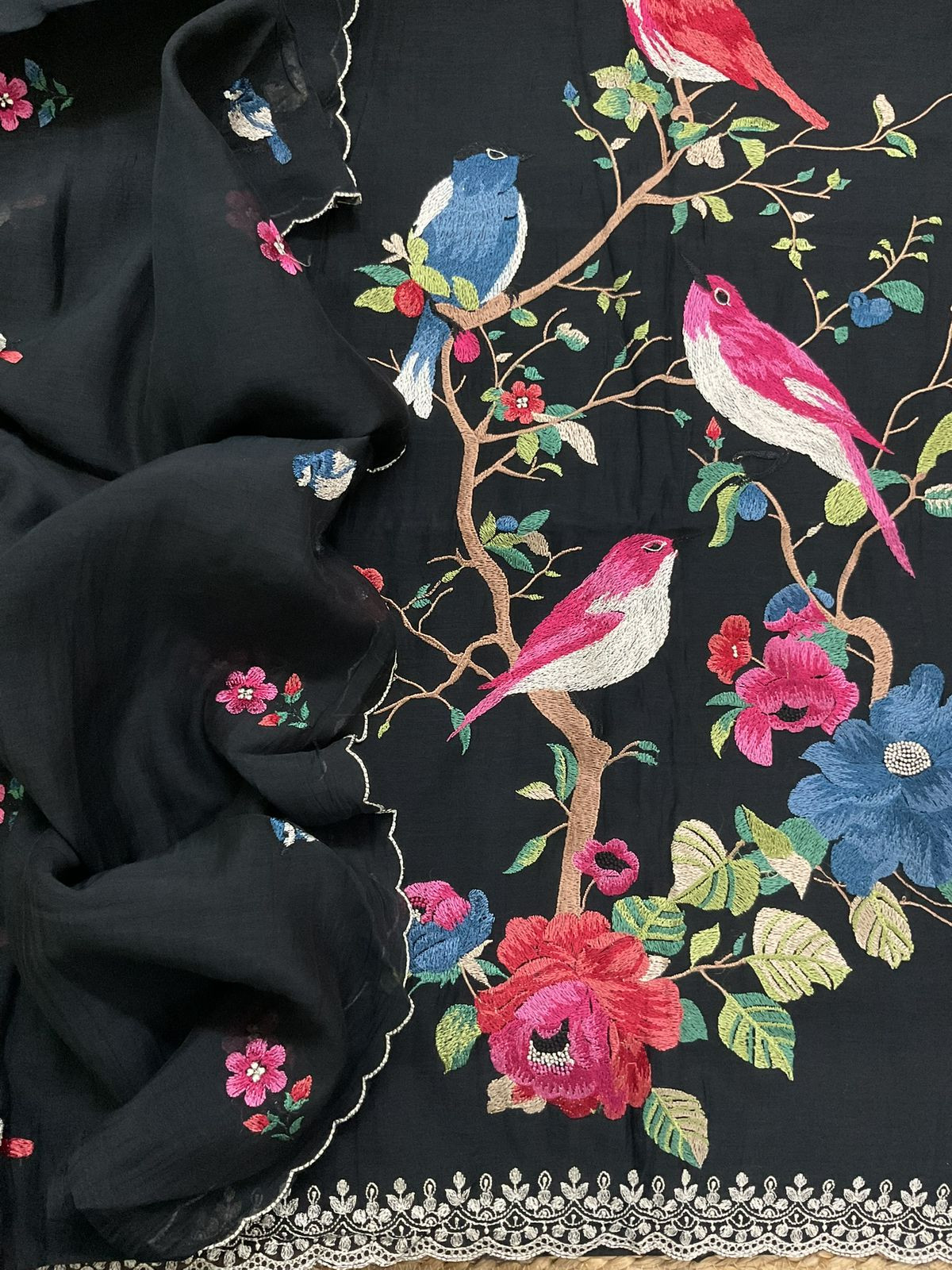 Pure Mul Chanderi Embroidered Suit - Black