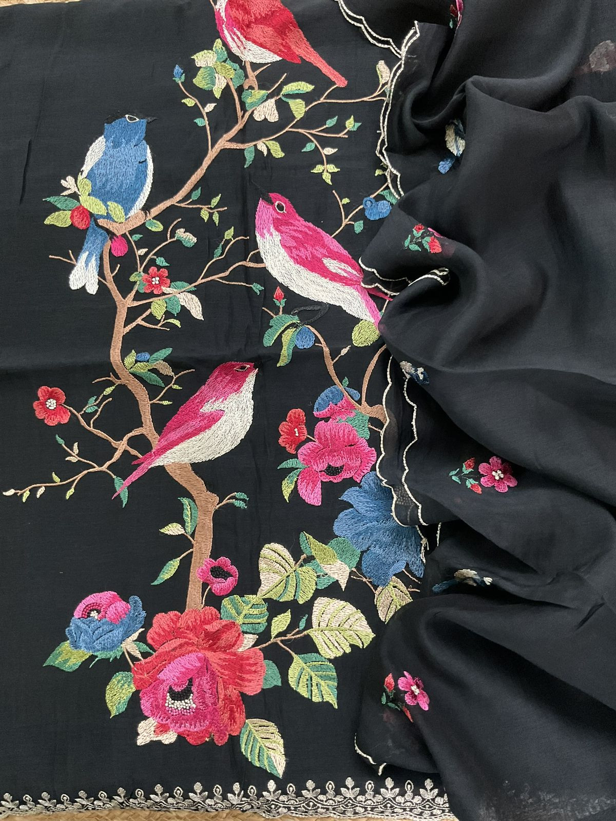 Pure Mul Chanderi Embroidered Suit - Black