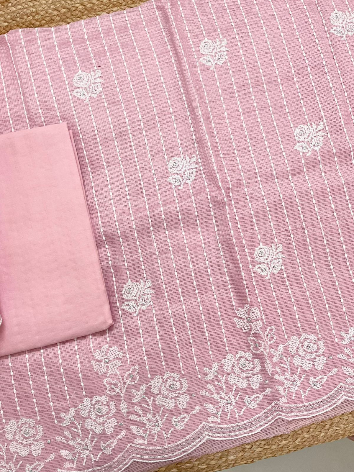 Soft Kota Silk Embroidered Suit - Pink
