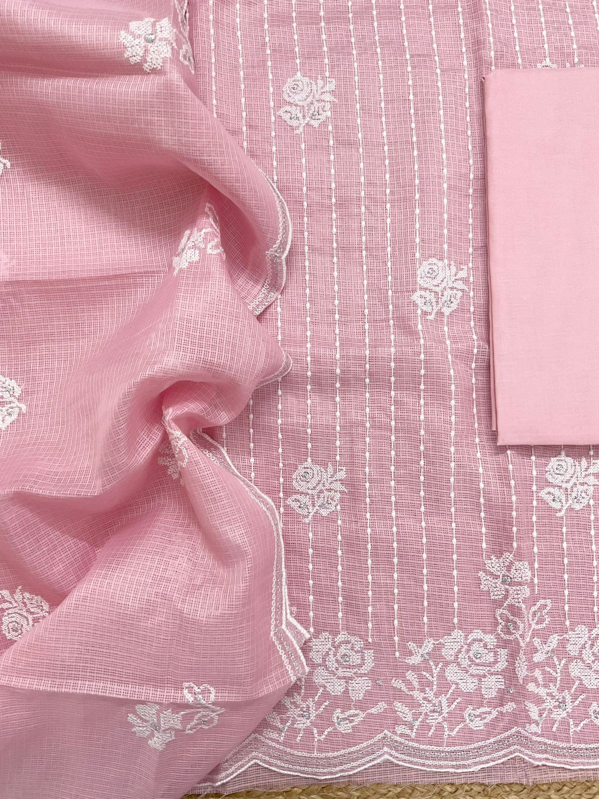 Soft Kota Silk Embroidered Suit - Pink