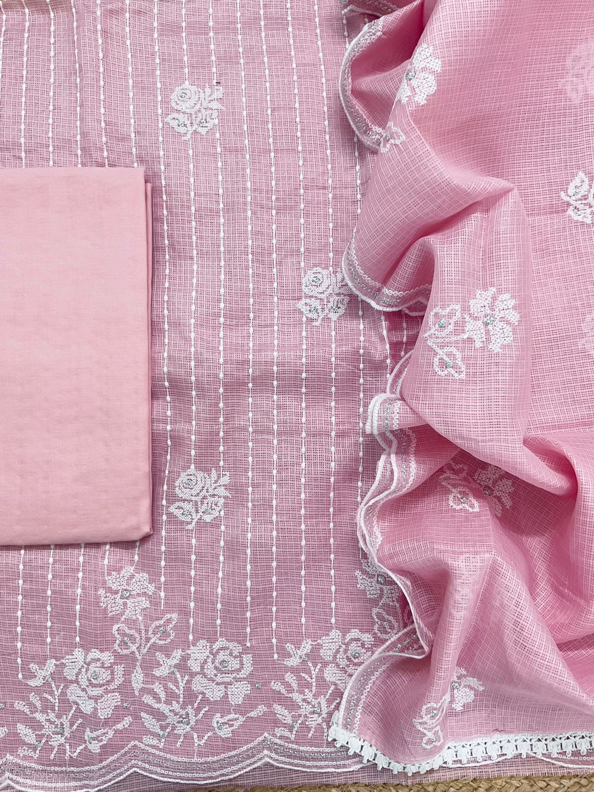 Soft Kota Silk Embroidered Suit - Pink