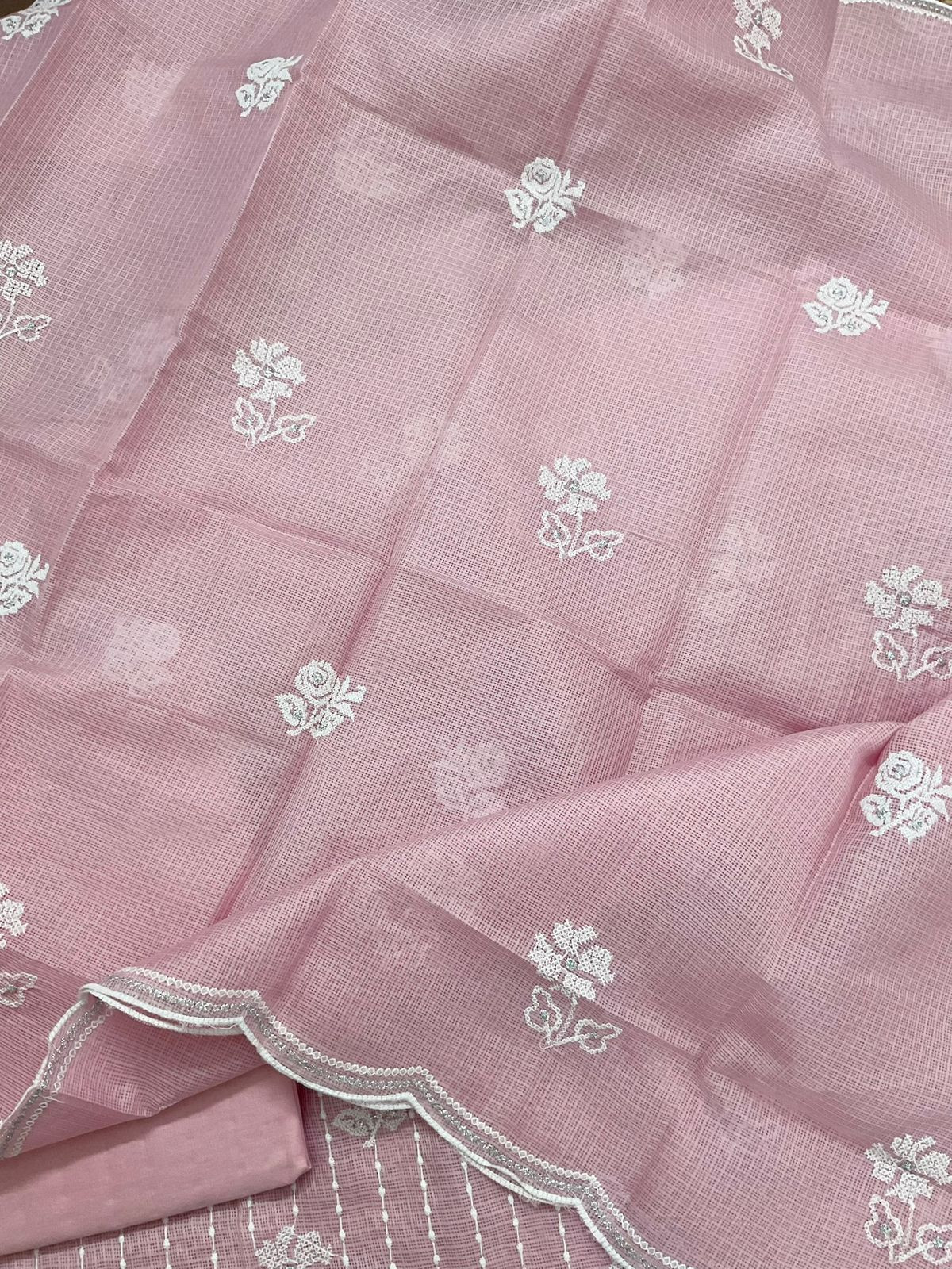 Soft Kota Silk Embroidered Suit - Pink