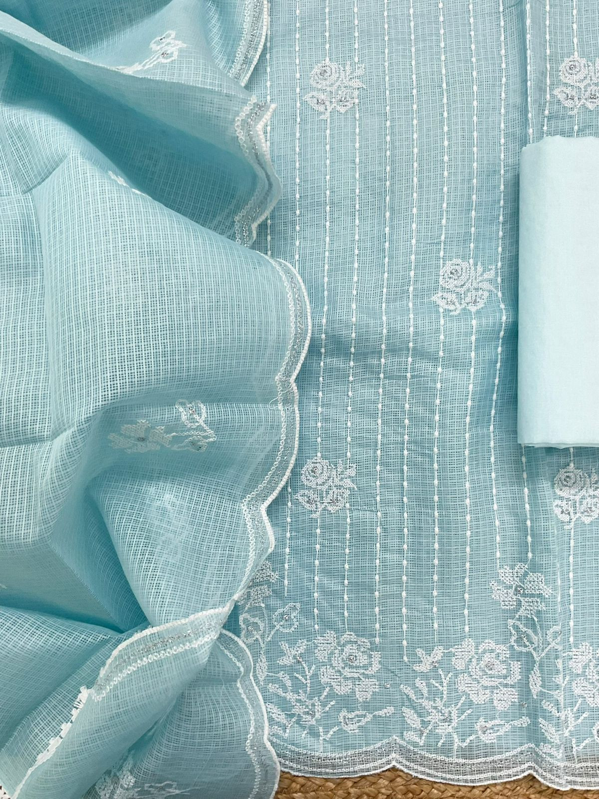 Soft Kota Silk Embroidered Suit - Blue
