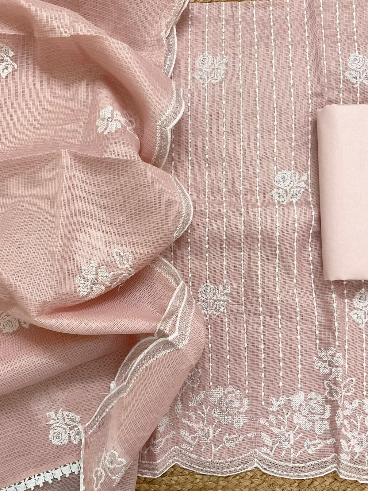 Soft Kota Silk Embroidered Suit - Peach