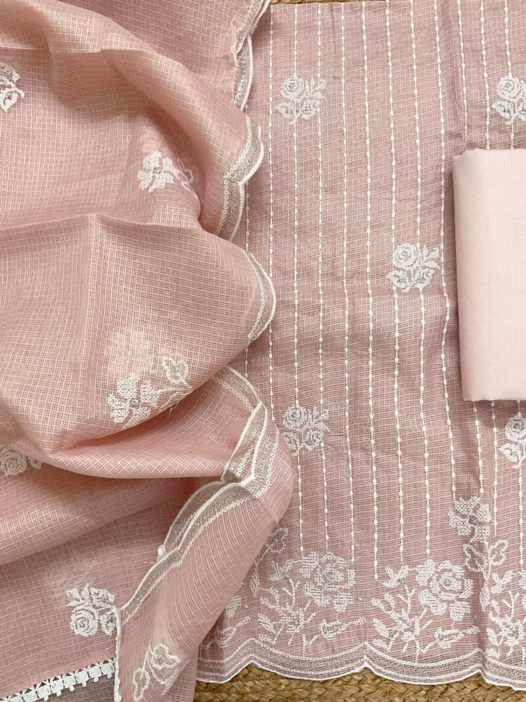 Image of Soft Kota Silk Embroidered Suit - Peach