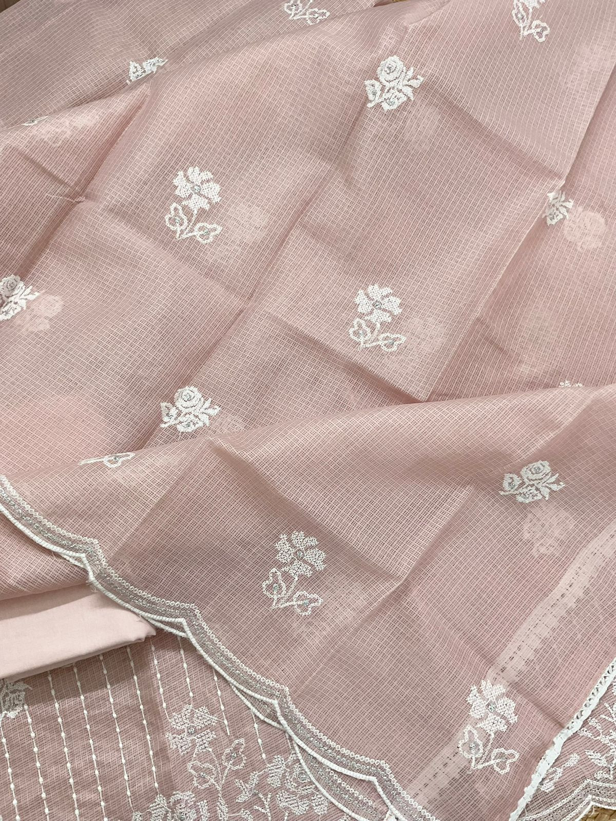 Soft Kota Silk Embroidered Suit - Peach