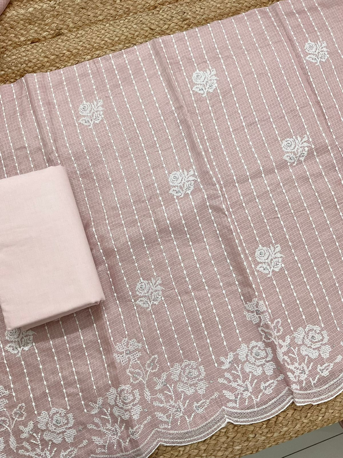 Soft Kota Silk Embroidered Suit - Peach