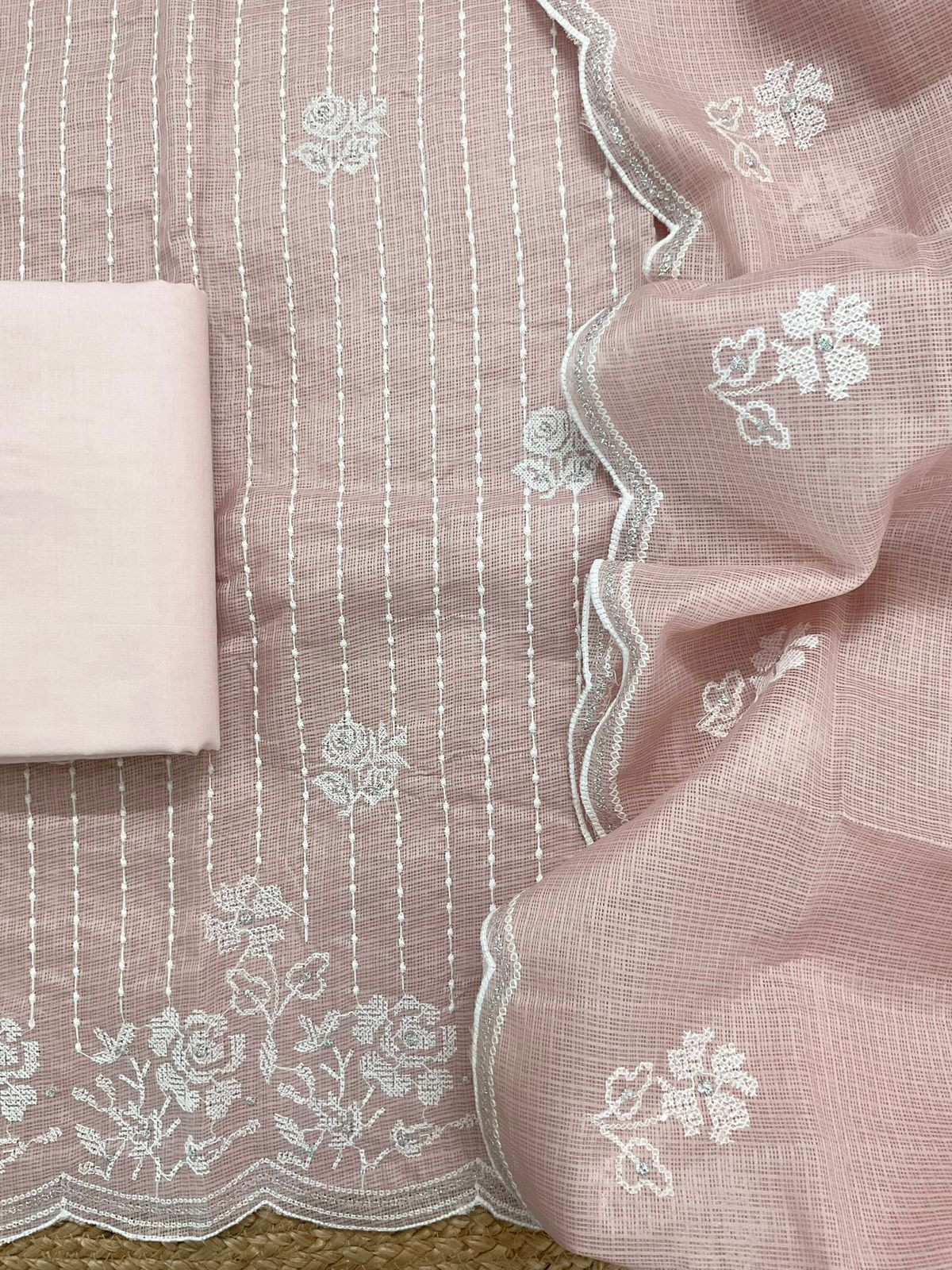 Soft Kota Silk Embroidered Suit - Peach