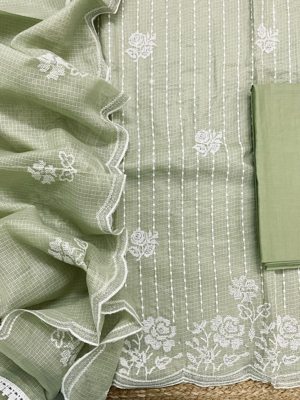 Soft Kota Silk Embroidered Suit - Green