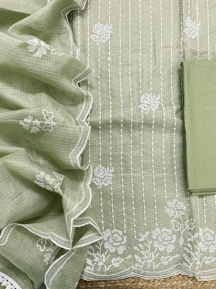 Image of Soft Kota Silk Embroidered Suit - Green