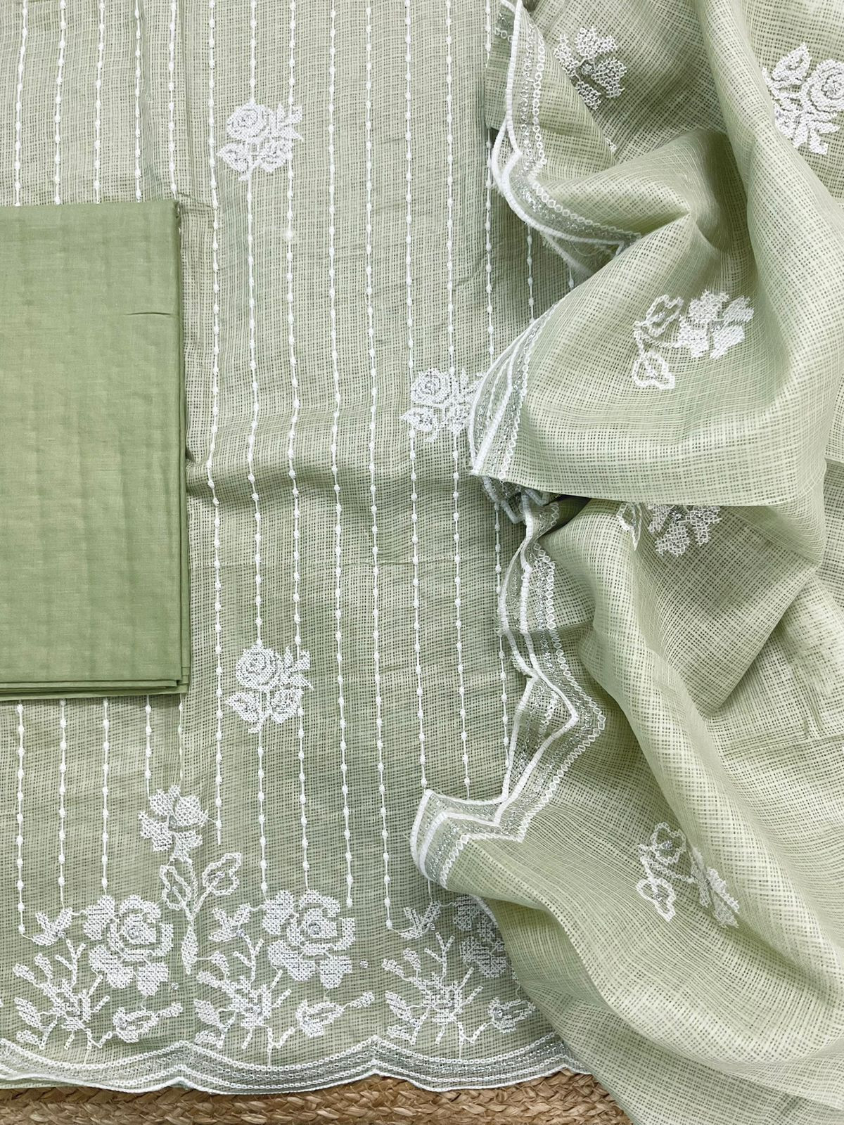 Soft Kota Silk Embroidered Suit - Green