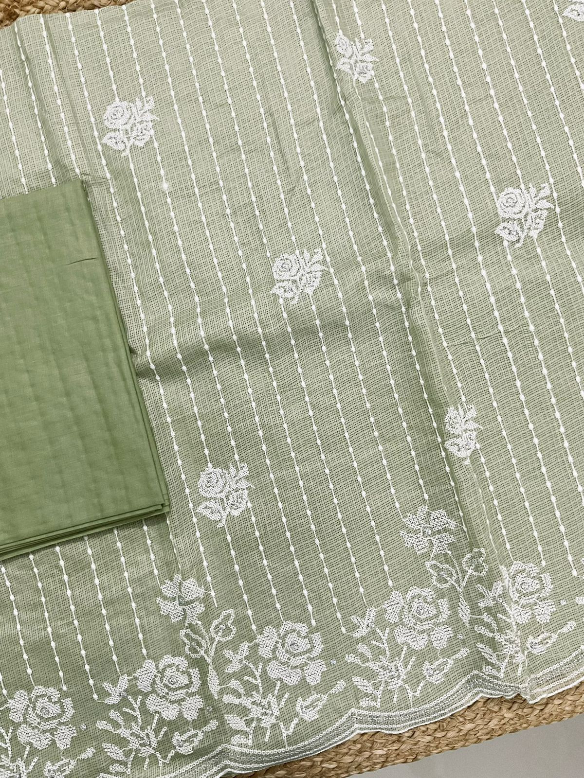 Soft Kota Silk Embroidered Suit - Green
