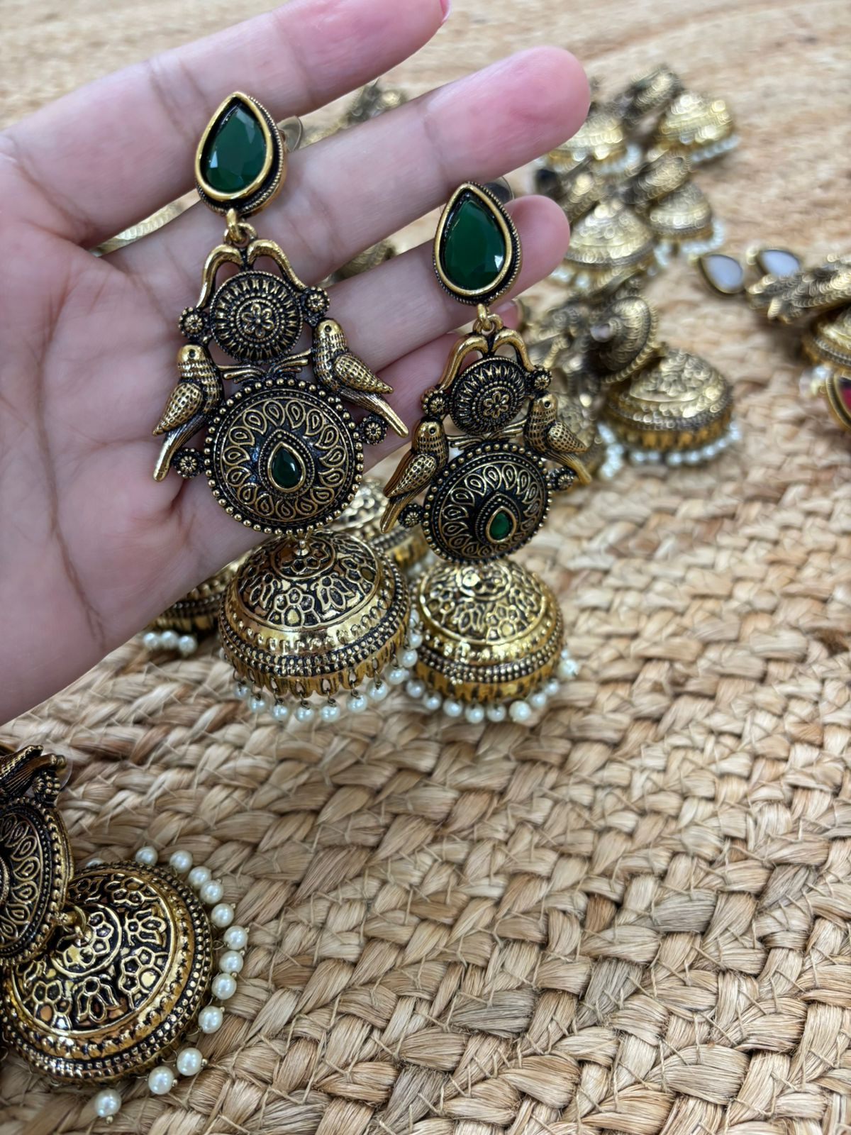 Metallic Oxidised Gold Earrings With Stone Settings - Green