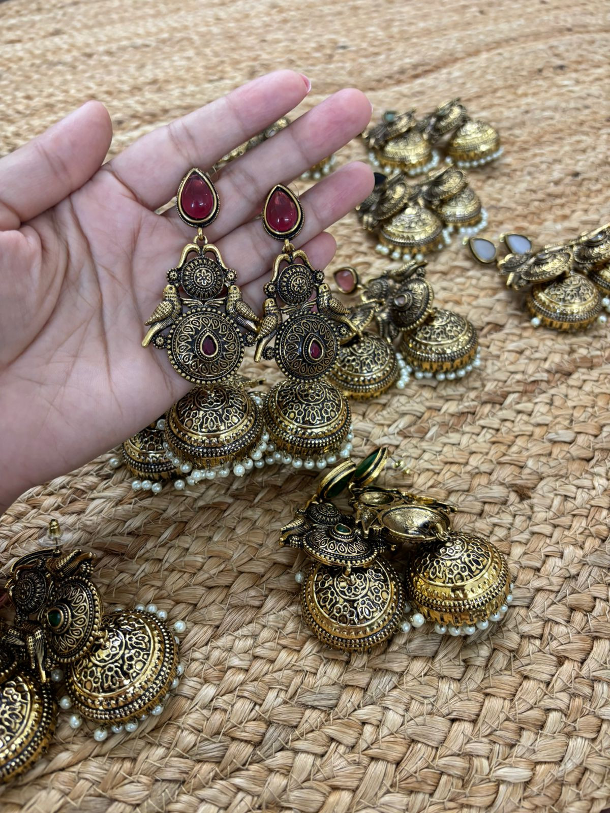Metallic Oxidised Gold Earrings With Stone Settings - Maroon