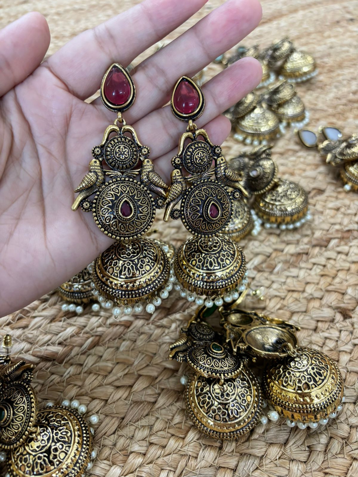 Metallic Oxidised Gold Earrings With Stone Settings - Maroon