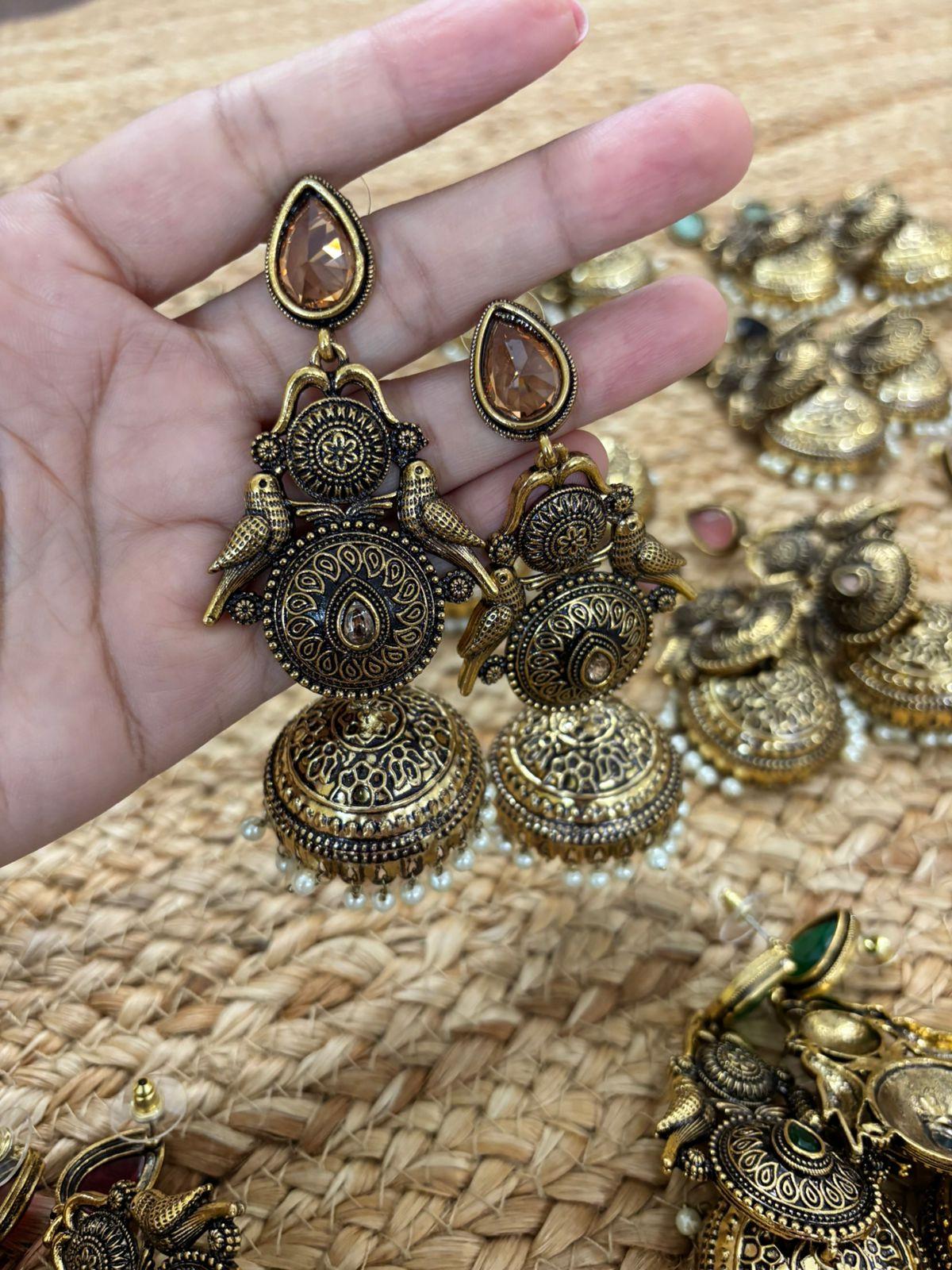 Metallic Oxidised Gold Earrings With Stone Settings - Peach