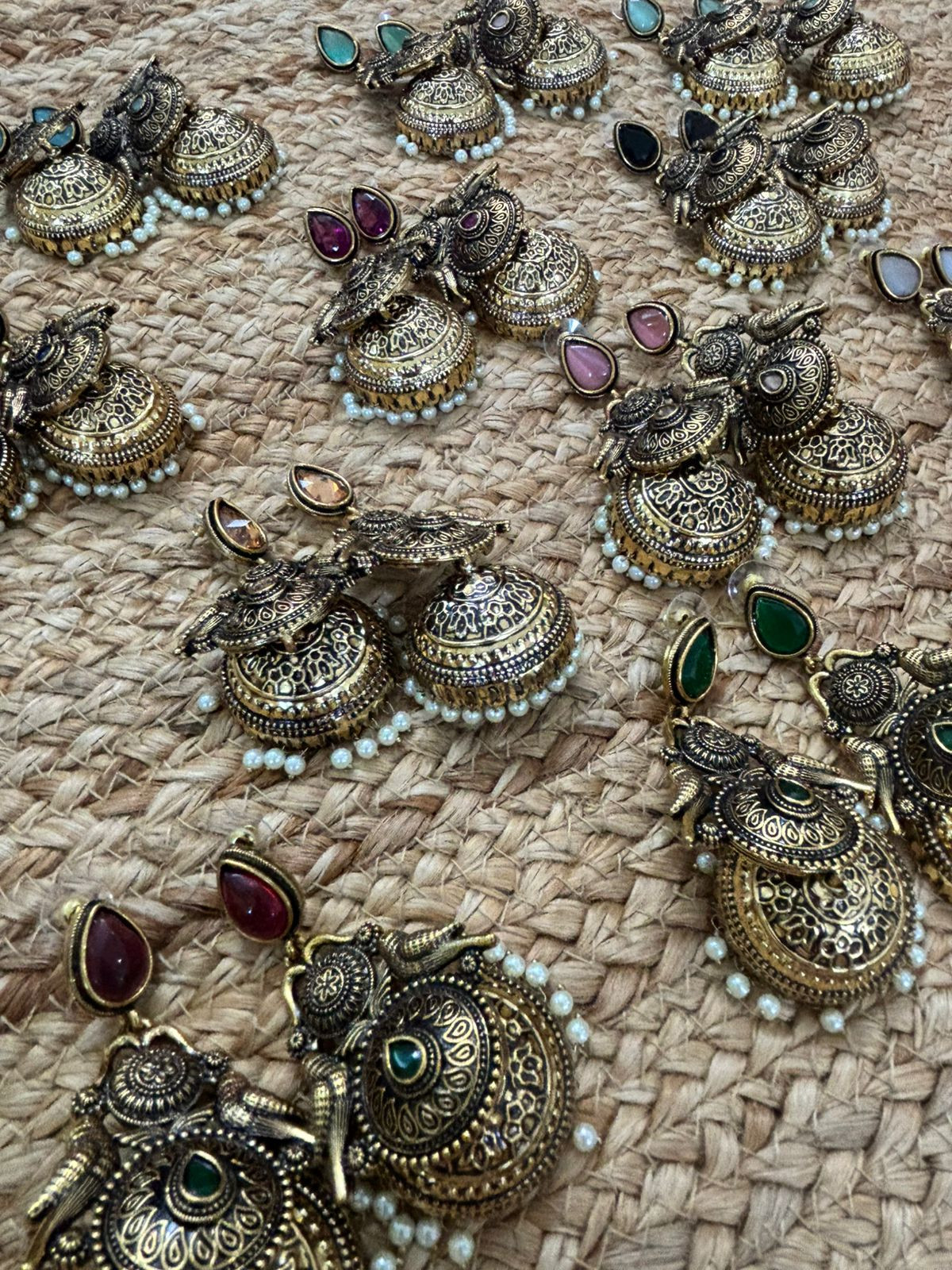 Metallic Oxidised Gold Earrings With Stone Settings - Peach