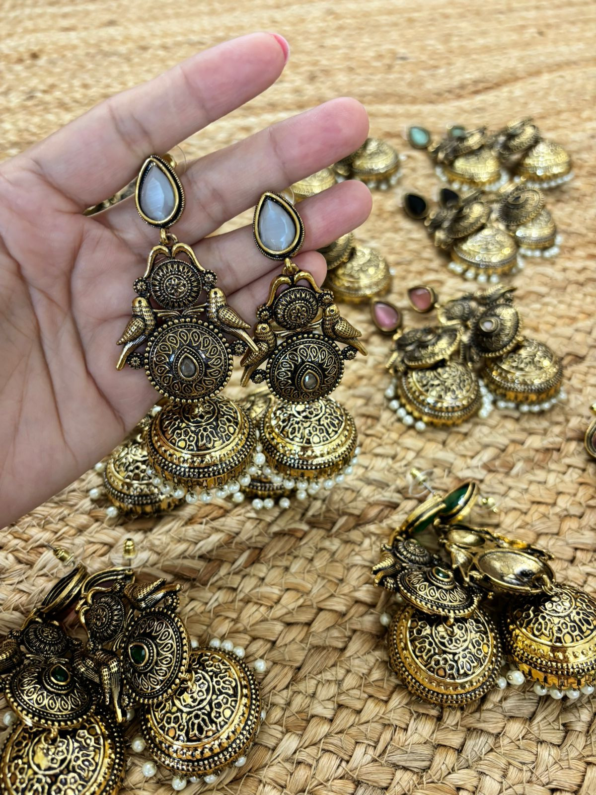 Metallic Oxidised Gold Earrings With Stone Settings - White