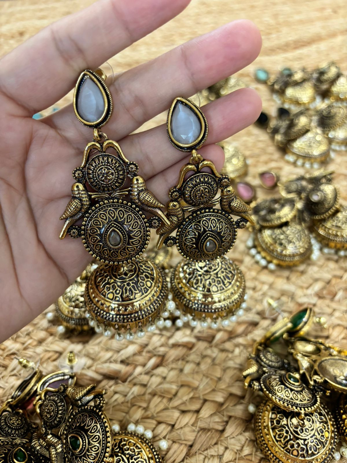 Metallic Oxidised Gold Earrings With Stone Settings - White