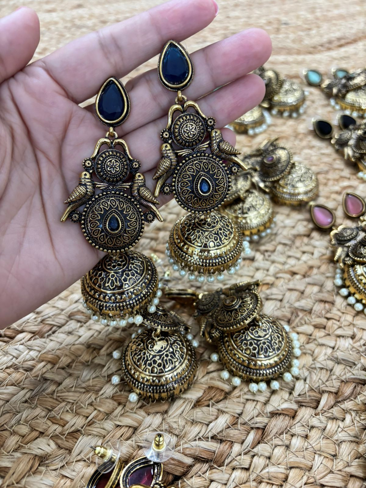 Metallic Oxidised Gold Earrings With Stone Settings - Blue