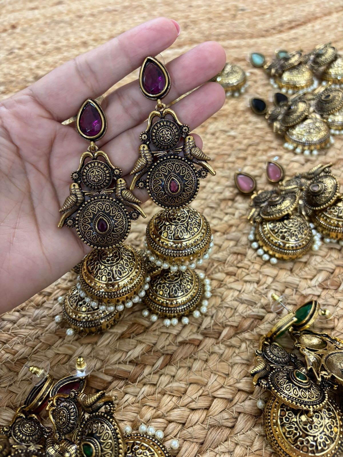 Metallic Oxidised Gold Earrings With Stone Settings - Wine