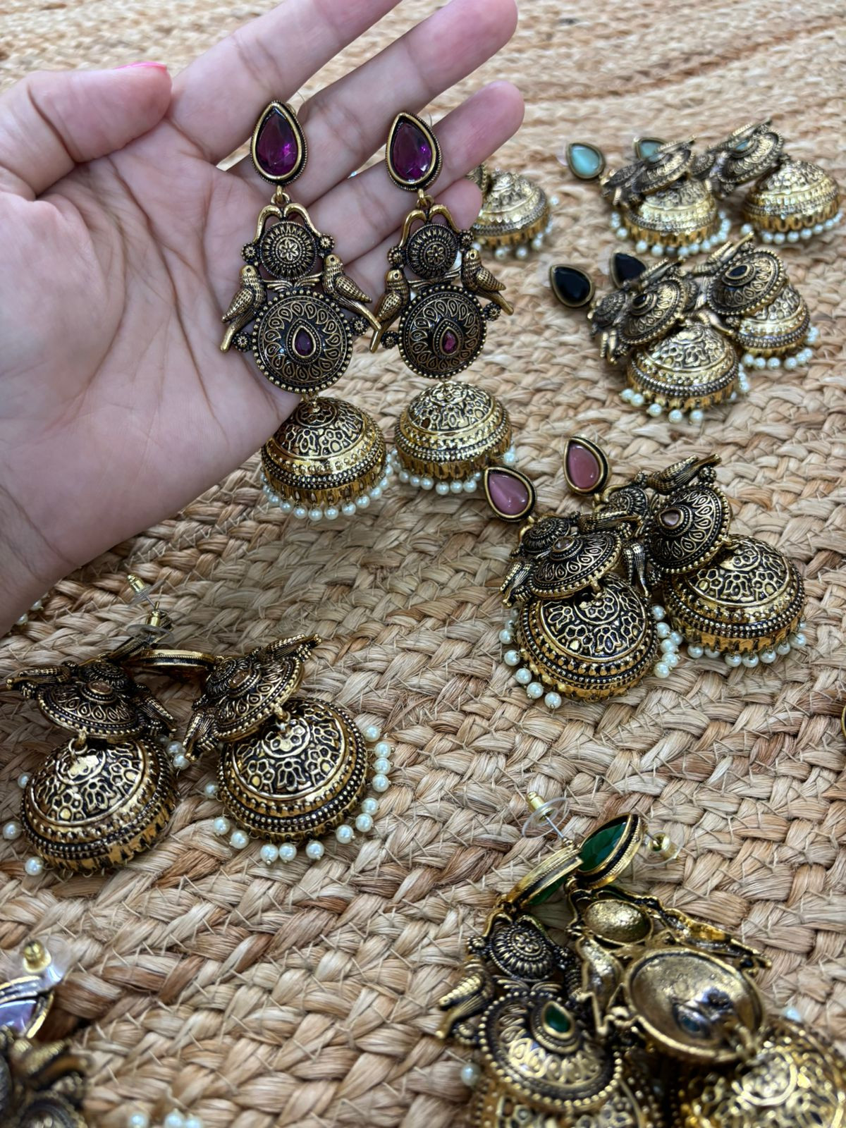 Metallic Oxidised Gold Earrings With Stone Settings - Wine