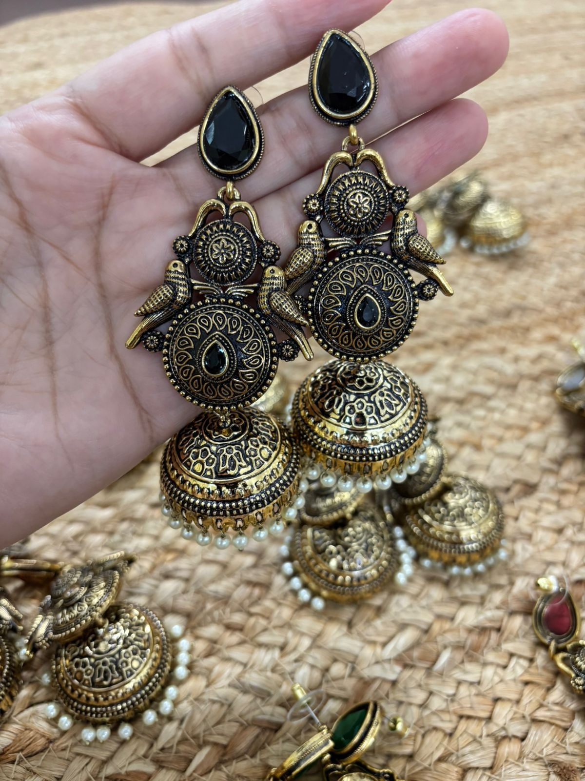 Metallic Oxidised Gold Earrings With Stone Settings - Black