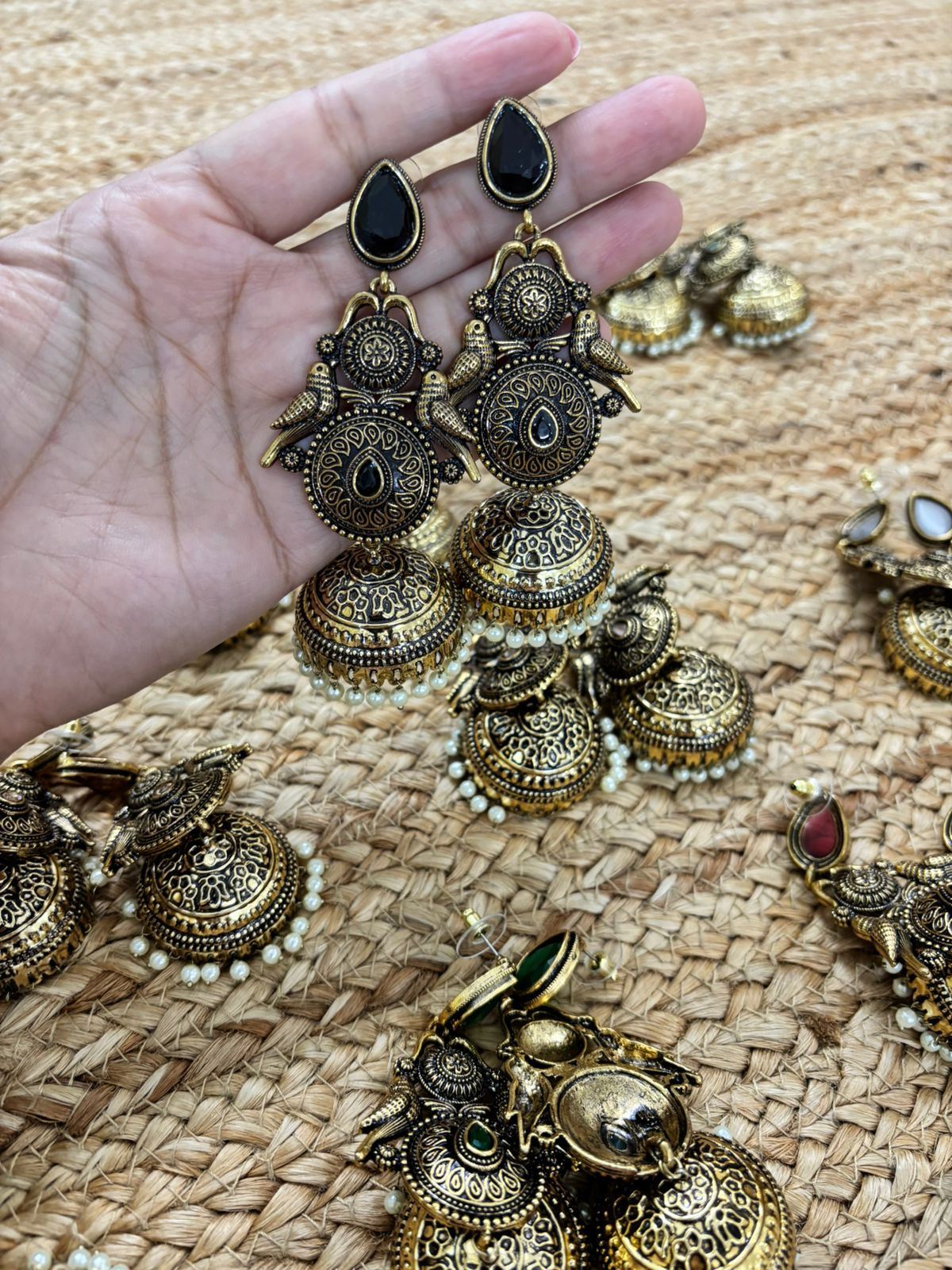 Metallic Oxidised Gold Earrings With Stone Settings - Black