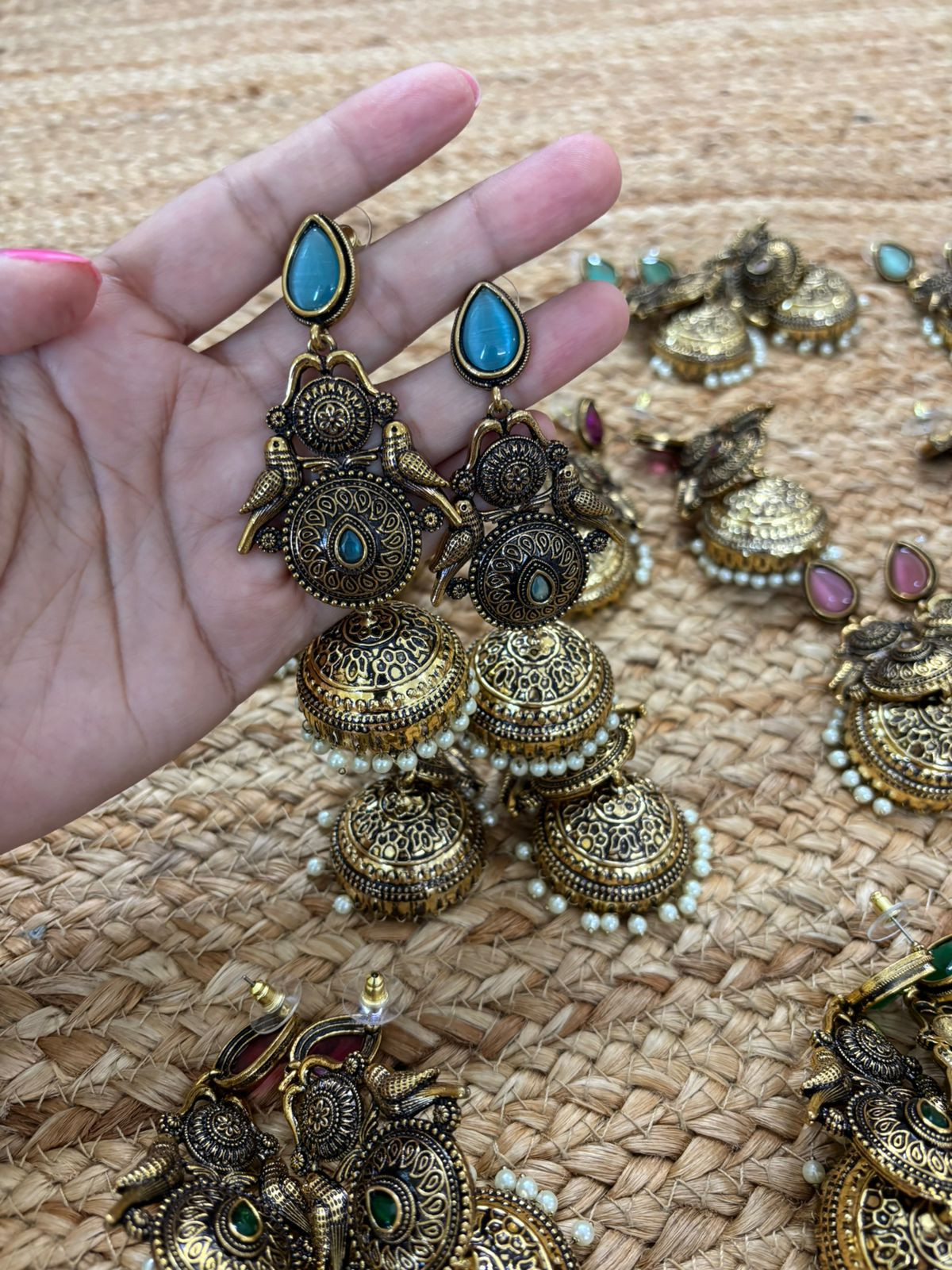 Metallic Oxidised Gold Earrings With Stone Settings - Sea Blue