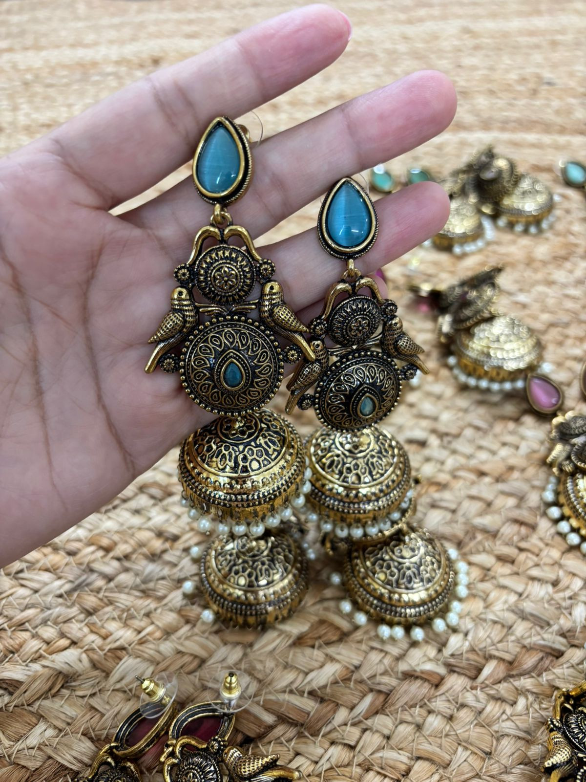 Metallic Oxidised Gold Earrings With Stone Settings - Sea Blue
