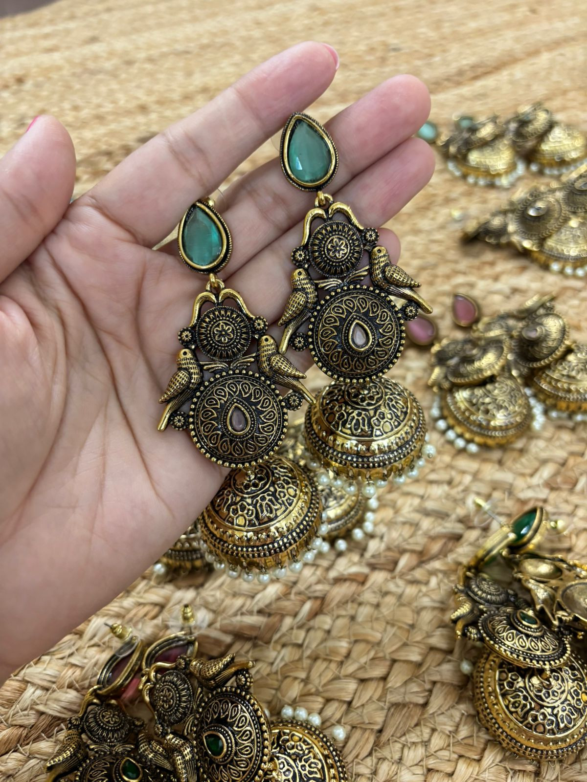 Metallic Oxidised Gold Earrings With Stone Settings - Sea Green - Pink