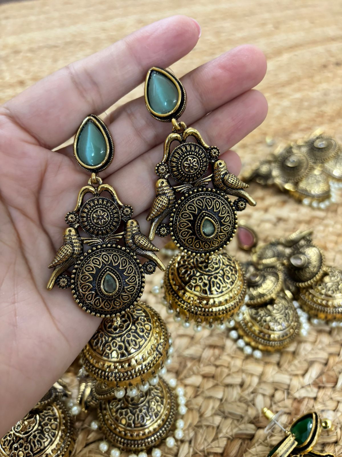 Metallic Oxidised Gold Earrings With Stone Settings - Sea Green