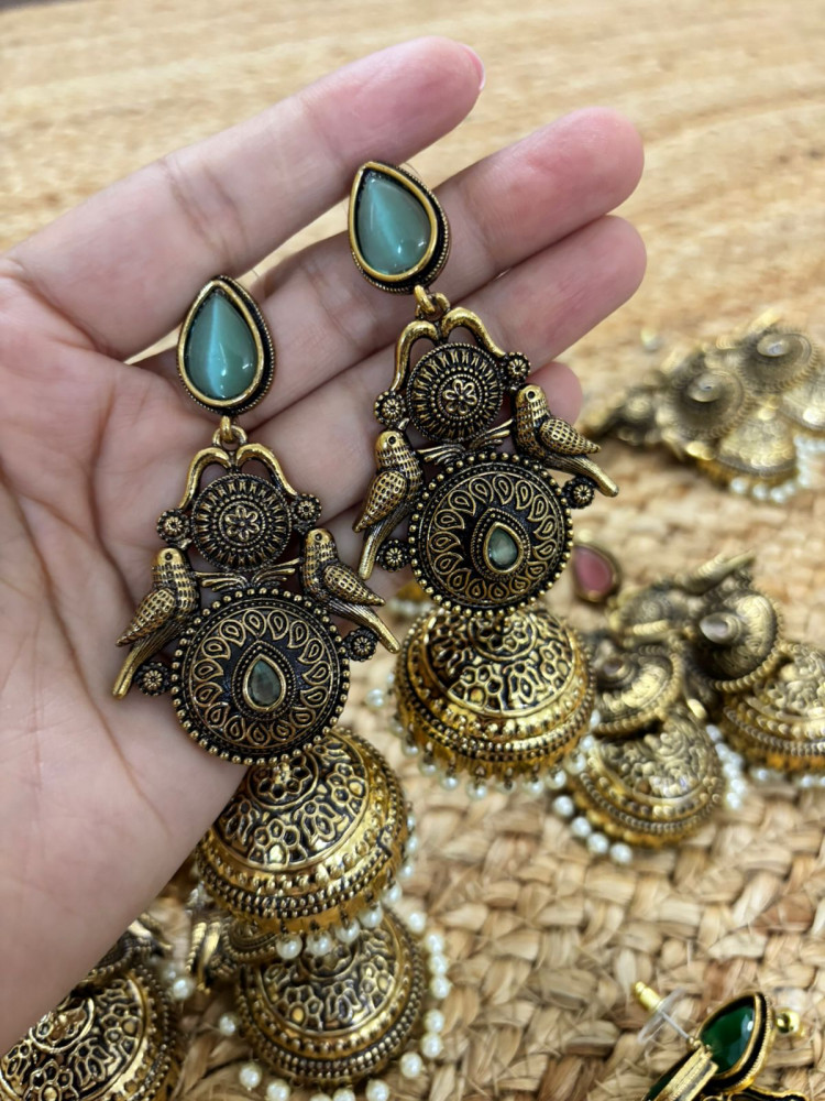 Image of Metallic Oxidised Gold Earrings With Stone Settings - Sea Green