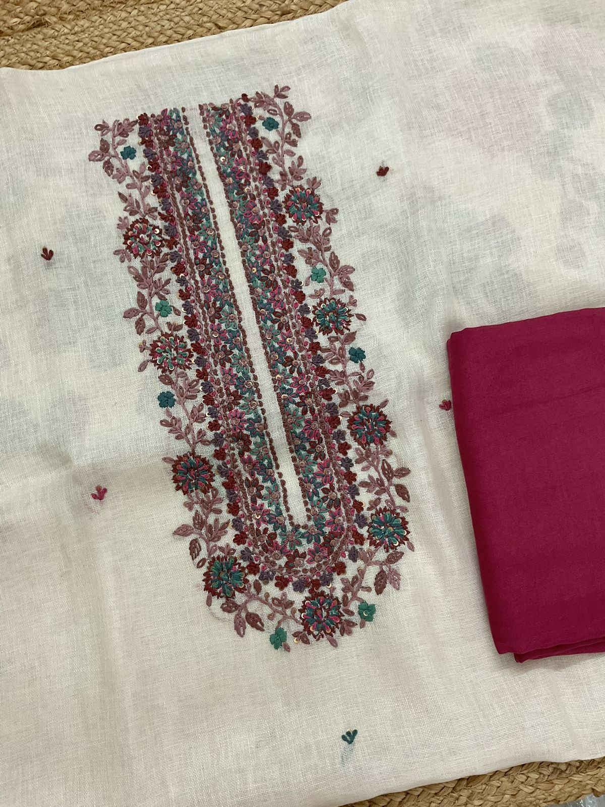 Pure Linen Jute Cotton Printed Embroidered Suit - Cream