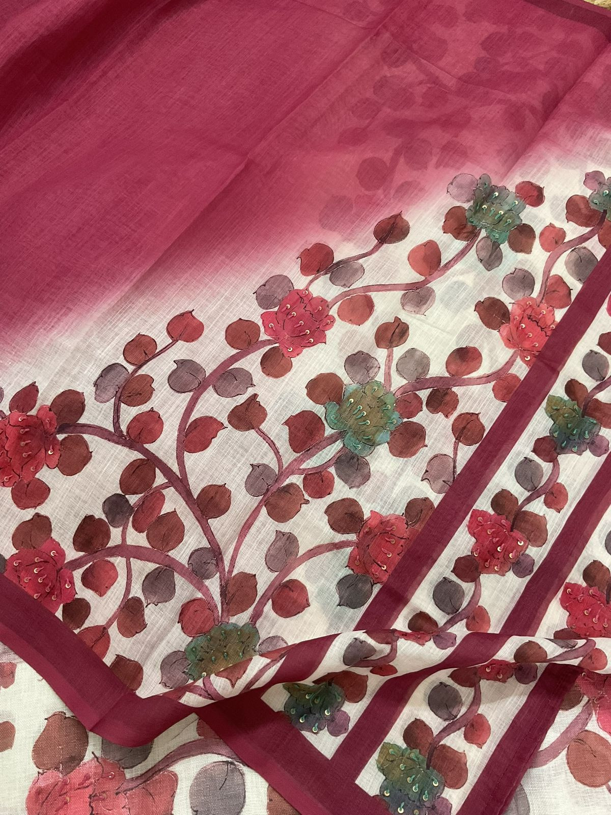 Pure Linen Jute Cotton Printed Embroidered Suit - Cream